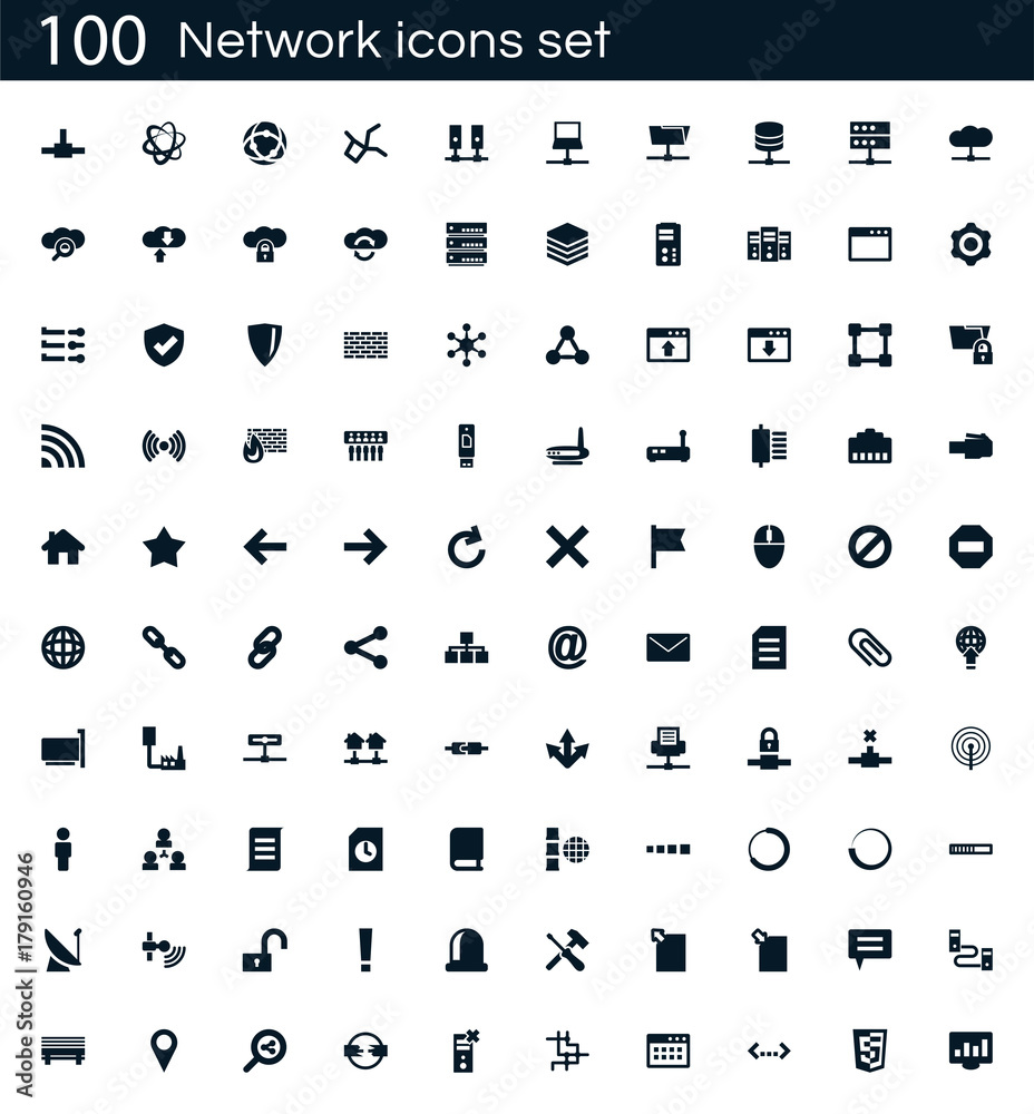 Poster Network icon set with 100 vector pictograms. Simple filled icons isolated on a white background. Good for apps and web sites.