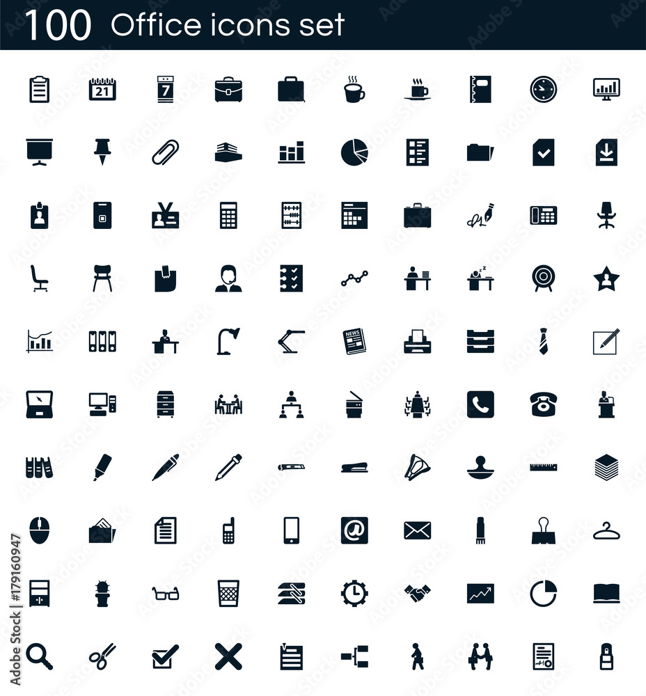 Poster office icon set with 100 vector pictograms. simple filled business icons isolated on a white backgro