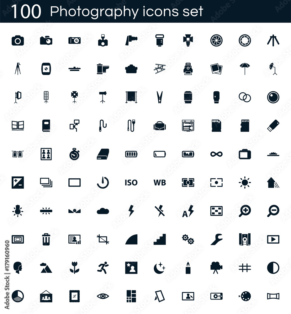 Poster Photography icon set with 100 vector pictograms. Simple filled camera icons isolated on a white background. Good for apps and web sites.