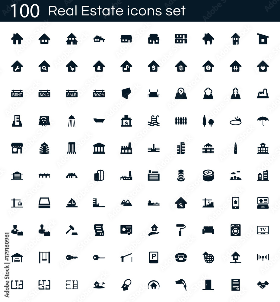 Poster Real estate icon set with 100 vector pictograms. Simple filled icons isolated on a white background. Good for apps and web sites.