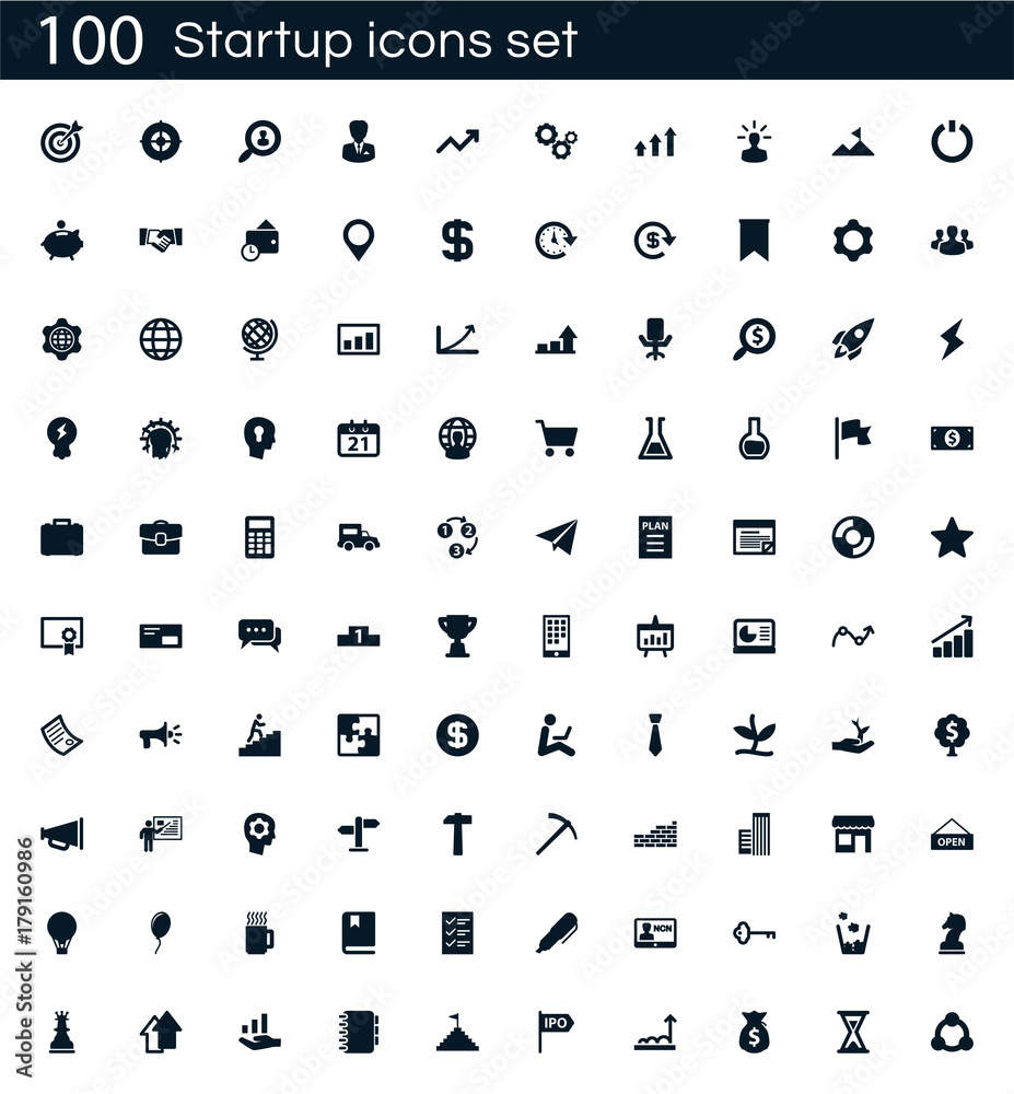 Canvas Prints Startup icon set with 100 vector pictograms. Simple filled business isolated on a white background. Good for apps and web sites.