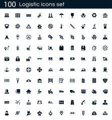 Logistics icon set with 100 vector pictograms. Simple filled shipping icons isolated on a white background. Good for apps and web sites.