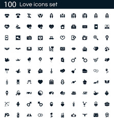 Love icon set with 100 vector pictograms. Simple filled heart icons isolated on a white background. Good for apps and web sites.