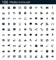 Fototapeta na wymiar Media icon set with 100 vector pictograms. Simple filled icons isolated on a white background. Good for apps and web sites.