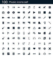 Fototapeta na wymiar Music icon set with 100 vector pictograms. Simple filled musical icons isolated on a white background. Good for apps and web sites.