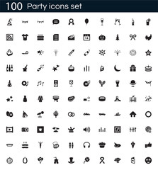 Party icon set with 100 vector pictograms. Simple filled celebration icons isolated on a white background. Good for apps and web sites.