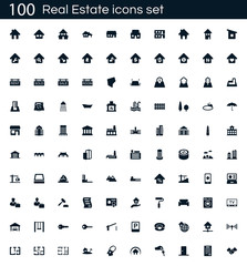 Real estate icon set with 100 vector pictograms. Simple filled icons isolated on a white background. Good for apps and web sites.