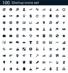 Startup icon set with 100 vector pictograms. Simple filled business isolated on a white background. Good for apps and web sites.