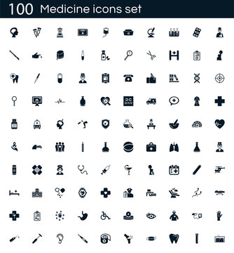 Medicine icon set with 100 vector pictograms. Simple filled medical icons isolated on a white background. Good for apps and web sites.