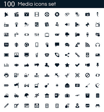 Media icon set with 100 vector pictograms. Simple filled icons isolated on a white background. Good for apps and web sites.