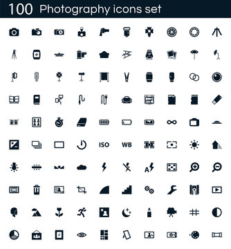 Photography icon set with 100 vector pictograms. Simple filled camera icons isolated on a white background. Good for apps and web sites.