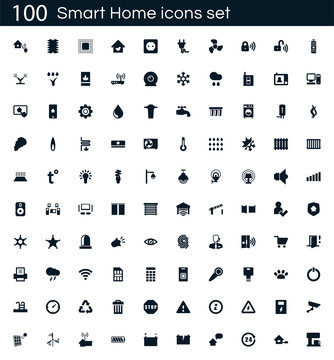 Smart home icon set with 100 vector pictograms. Simple filled icons isolated on a white background. Good for apps and web sites.