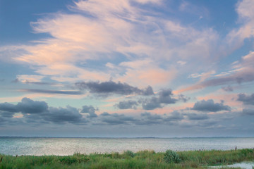 Empty sea coast seaview, cloudy colourful sunrise skyview