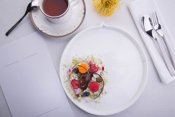 Sea-buckthorn sorbet with edible flowers