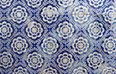 Ornamental blue tiles on a facade in Portugal