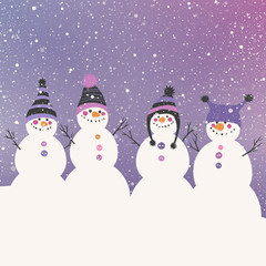 Vector greeting card with snowmen. Merry Christmas and Happy New Year postcard.