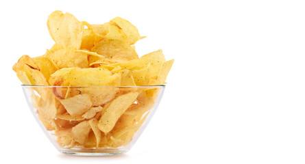 Bowl of potato chips isolated on white background