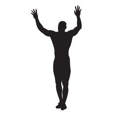 Man waving his hands over his head. Athlete celebrating success, vector silhouette