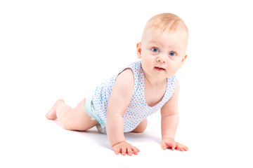 cute happy little boy in speckled shirt