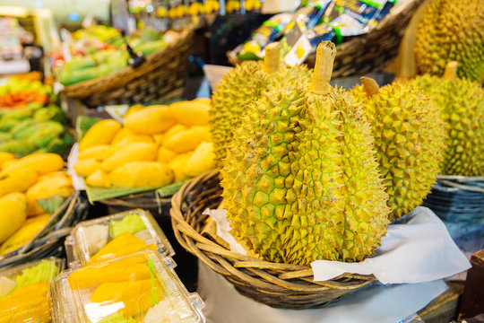 Durian Fruits For Sale On Market Stall