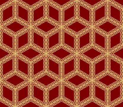Line Cube Seamless Pattern . Vintage vector, Red, Gold Color