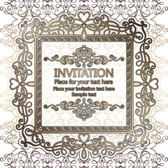 Abstract background with calligraphic luxury gold flourishes and vintage frame, victorian banner,wallpaper ornaments, invitation card, baroque style booklet, fashion pattern, template for design.