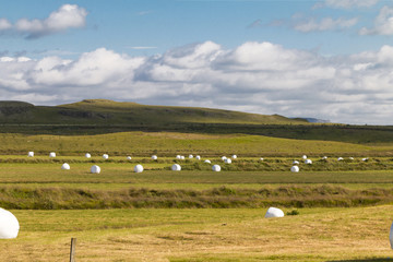 Iceland - typical landscape with green fields, mountains, baled silage, hay, green grass. blue sky and clouds.
