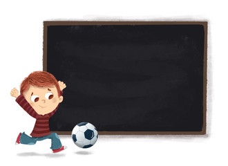 Niño jugando al futbol con una pizarra de fondo © malosdedos