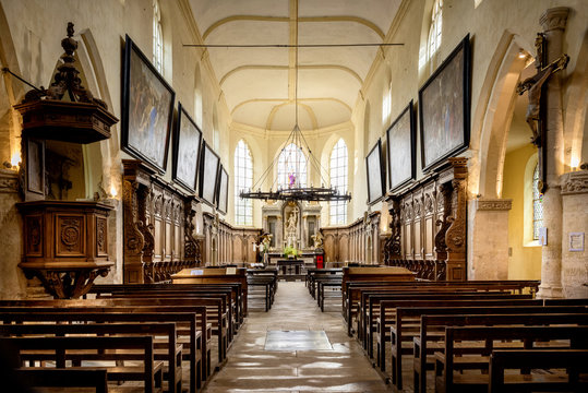  Hautvillers, France - Interior of the Saint-Pierre Abbey of Hautvillers with the grave of Dom Perignon in the Champagne district Vallee de la Marne in France.