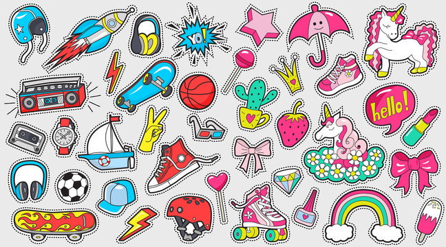 Big set of girl's and boy's colored stickers on white
