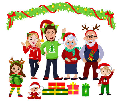 Portrait of a happy Christmas family together.  Vector illustration isolated on white background.