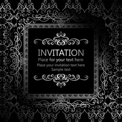 Abstract background with calligraphic luxury silver flourishes and vintage frame, victorian banner,wallpaper ornaments, invitation card, baroque style booklet, fashion pattern, template for design.