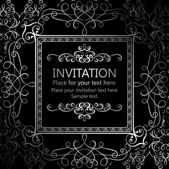 Abstract background with calligraphic luxury silver flourishes and vintage frame, victorian banner,wallpaper ornaments, invitation card, baroque style booklet, fashion pattern, template for design.