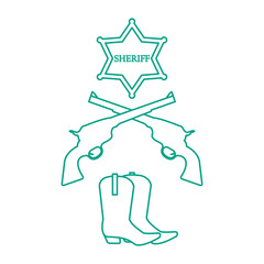 Illustration of sheriff star, revolvers Colt and cowboy boots. Wild West collection.