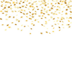 Gold stars falling confetti isolated on white background. Golden abstract random pattern Christmas card, New Year holiday. Shiny confetti paper star. Glitter explosion rain Vector illustration