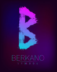 Rune Scandinavia is a Berkano riches vector illustration. Symbol of Futhark letters. Brush stripes with trend gradient blue pink color on blur dark background. Magic and mystery sign. Spiritual