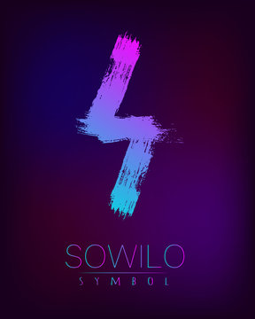 Rune Scandinavia is a Sowilo riches vector illustration. Symbol of Futhark letters. Brush stripes with trend gradient blue pink color on blur dark background. Magic and mystery sign. Spiritual
