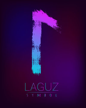 Rune Scandinavia is a Laguz riches vector illustration. Symbol of Futhark letters. Brush stripes with trend gradient blue pink color on blur dark background. Magic and mystery sign. Spiritual