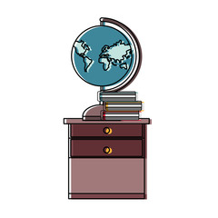 flat line colored  desk with global  planet over white  background  vector illustration