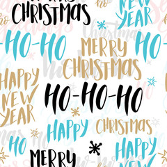 Fototapeta premium Christmas seamless pattern. Background with hand drawn lettering. Vector design illustration