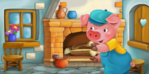 Cartoon scene of a pig in the kitchen and watching eye in the wooden window - illustration for children © agaes8080