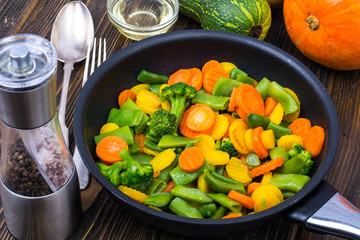 Dishes in frying pan, mix frozen vegetables