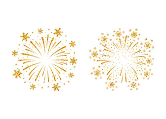 Firework gold isolated. Beautiful golden firework on white background. Bright decoration for Christmas card, Happy New Year celebration, anniversary, festival. Flat design Vector illustration