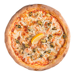 Italian pizza with seafood on a white background isolated