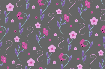 tender pink and blue flowers on a gray background. Seamless pattern