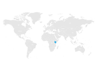 Kenya marked by blue in grey World political map. Vector illustration.