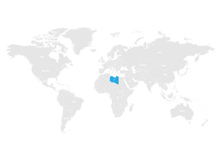 Libya marked by blue in grey World political map. Vector illustration.