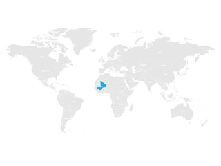 Mali marked by blue in grey World political map. Vector illustration.