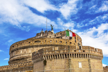 Fototapeta na wymiar Castel Sant Angelo Vatican Castle Italian Flag Rome Italy