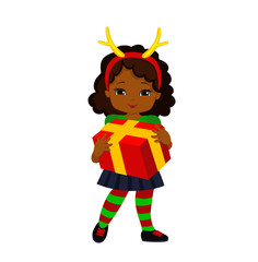 Christmas girl in a deer suit is holding a gift. Vector illustration isolated on white background.